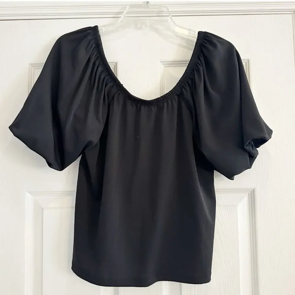 Banana Republic SS Crepe Puff Short Sleeve Top Blouse Black Shirt 2022 Small